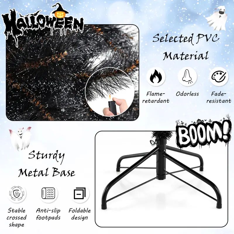 GoPlus 6/7/8 ft vorgefertigter schwarzer Halloween- und Weihnachtsbaum mit integrierter Beleuchtung, künstlicher, klappbarer Weihnachtsbaum mit 362/572/860 Nadelspitzen und PVC-Zweigspitzen