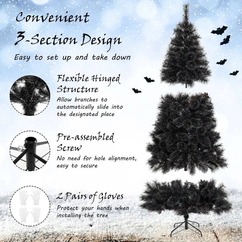 GoPlus 6/7/8 ft vorgefertigter schwarzer Halloween- und Weihnachtsbaum mit integrierter Beleuchtung, künstlicher, klappbarer Weihnachtsbaum mit 362/572/860 Nadelspitzen und PVC-Zweigspitzen