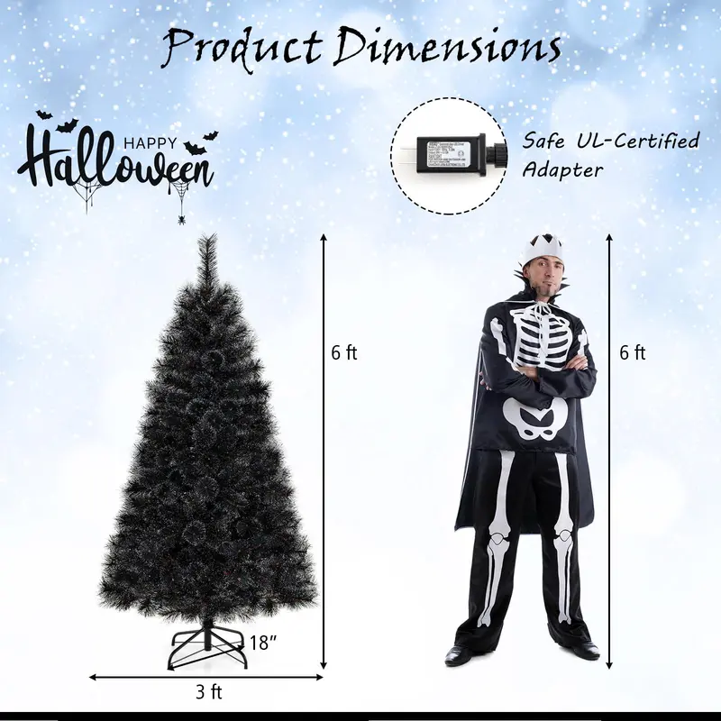 GoPlus 6/7/8 ft vorgefertigter schwarzer Halloween- und Weihnachtsbaum mit integrierter Beleuchtung, künstlicher, klappbarer Weihnachtsbaum mit 362/572/860 Nadelspitzen und PVC-Zweigspitzen
