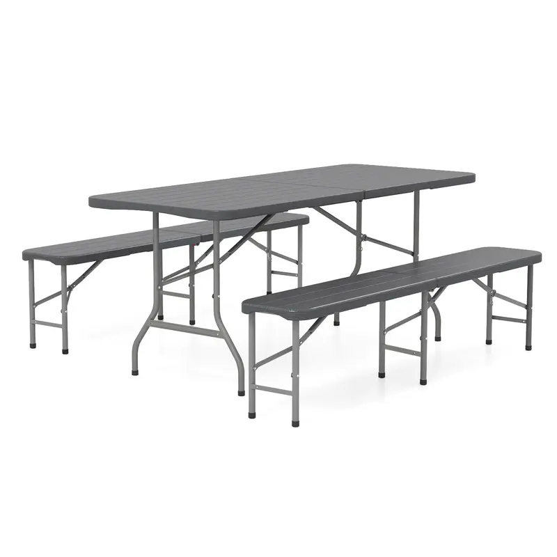 Goplus 6 FT 3-teiliges tragbares Picknicktisch-Bank-Set, faltbare Picknicktische aus HDPE-Kunststoff mit holzähnlicher Optik und Bänken