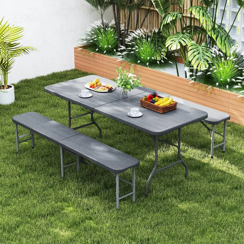 Goplus 6 FT 3-teiliges tragbares Picknicktisch-Bank-Set, faltbare Picknicktische aus HDPE-Kunststoff mit holzähnlicher Optik und Bänken 2
