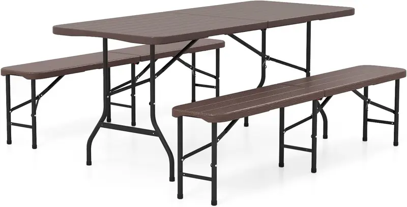 Goplus 6 FT 3-teiliges tragbares Picknicktisch-Bank-Set, faltbare Picknicktische aus HDPE-Kunststoff mit holzähnlicher Optik und Bänken