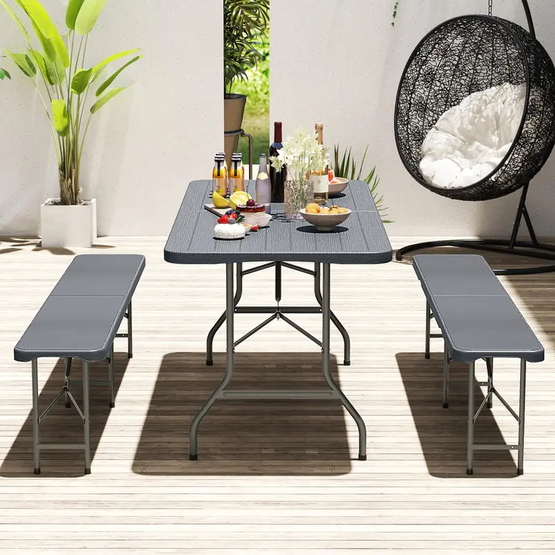 Goplus 6 FT 3-teiliges tragbares Picknicktisch-Bank-Set, faltbare Picknicktische aus HDPE-Kunststoff mit holzähnlicher Optik und Bänken