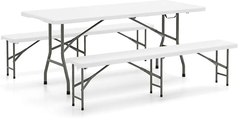Goplus 6-Fuß-3-teiliges tragbares Picknick-Tisch-Bank-Set, klappbare Picknicktische aus HDPE-Kunststoff mit Bänken