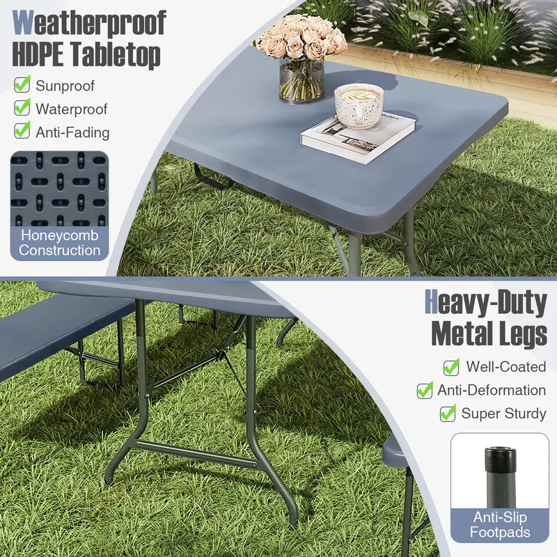 Goplus 6-Fuß-3-teiliges tragbares Picknick-Tisch-Bank-Set, klappbare Picknicktische aus HDPE-Kunststoff mit Bänken