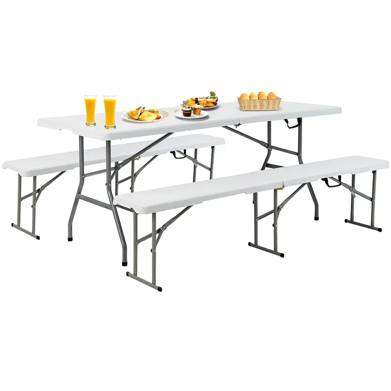Goplus 6-Fuß-3-teiliges tragbares Picknicktisch-Bank-Set, wetterbeständige Kunststoff-Picknicktische mit Klappfunktion und Bänken
