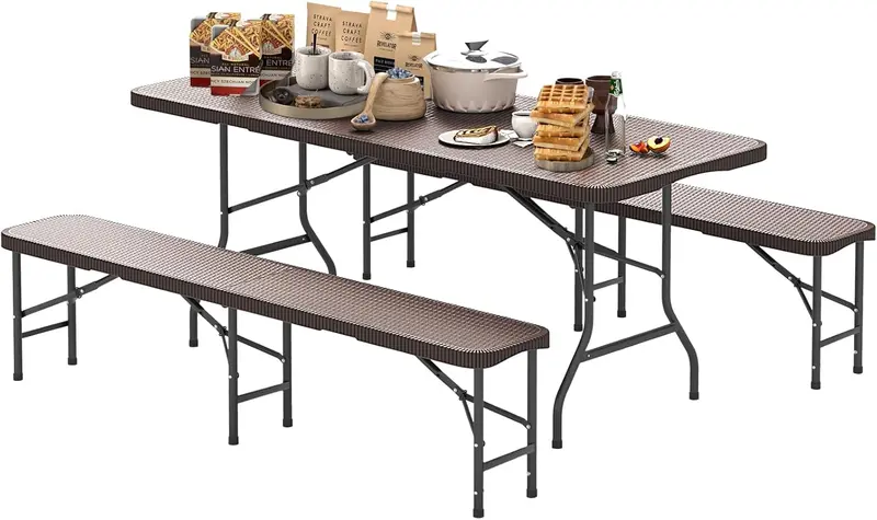 Goplus 6-Fuß-3-teiliges tragbares Picknicktisch-Bank-Set, wetterbeständige Kunststoff-Picknicktische mit Klappfunktion und Bänken