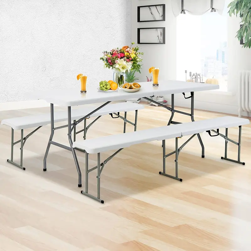 Goplus 6-Fuß-3-teiliges tragbares Picknicktisch-Bank-Set, wetterbeständige Kunststoff-Picknicktische mit Klappfunktion und Bänken
