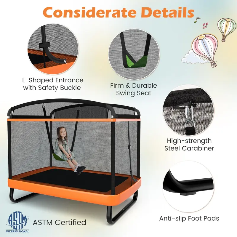 Goplus 6-Fuß-Kindertrampolin mit Schaukel, rechteckiges Freizeittrampolin mit Sicherheitsnetz nach ASTM-Standard