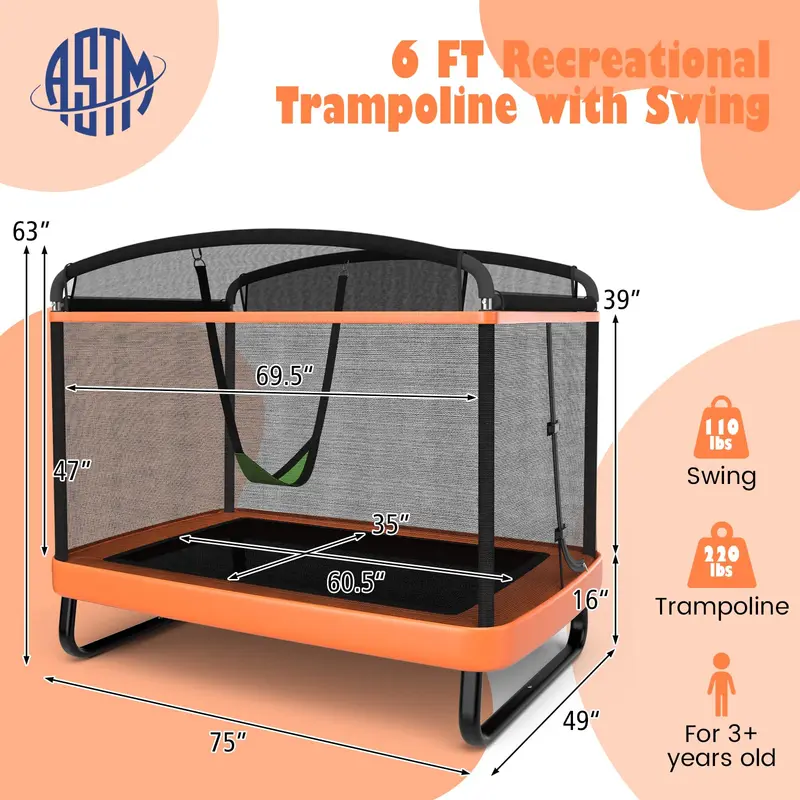 Goplus 6-Fuß-Kindertrampolin mit Schaukel, rechteckiges Freizeittrampolin mit Sicherheitsnetz nach ASTM-Standard
