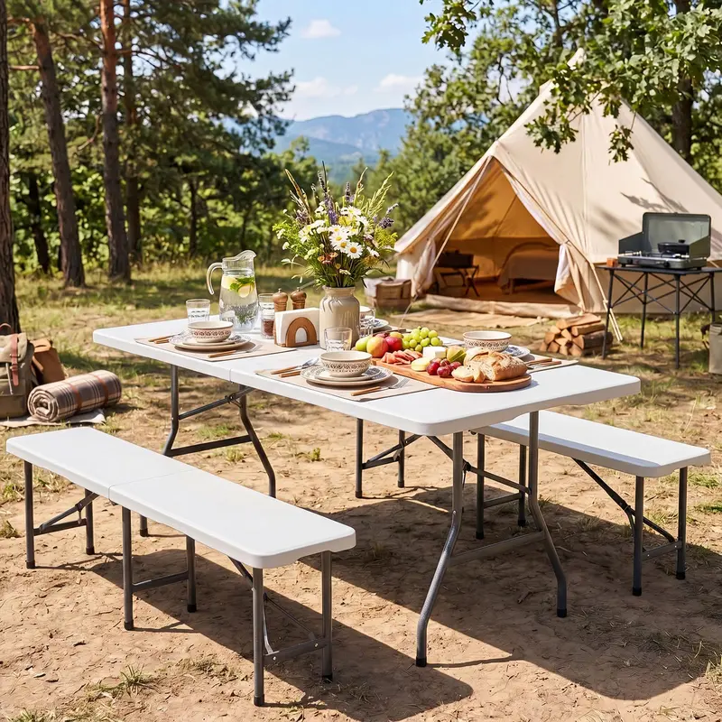 Goplus 6-Fuß-Klapp-Tisch aus Kunststoff | Campingtisch mit Halbklappfunktion und Tragegriff 2
