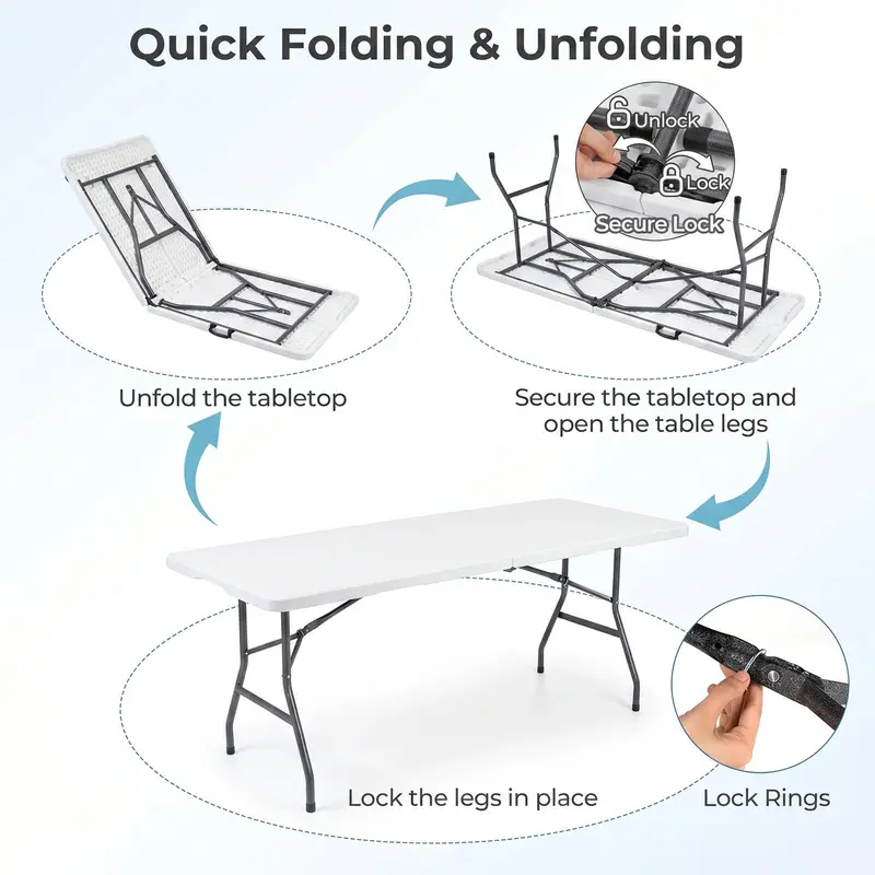 Goplus 6-Fuß-Klapp-Tisch aus Kunststoff | Campingtisch mit Halbklappfunktion und Tragegriff