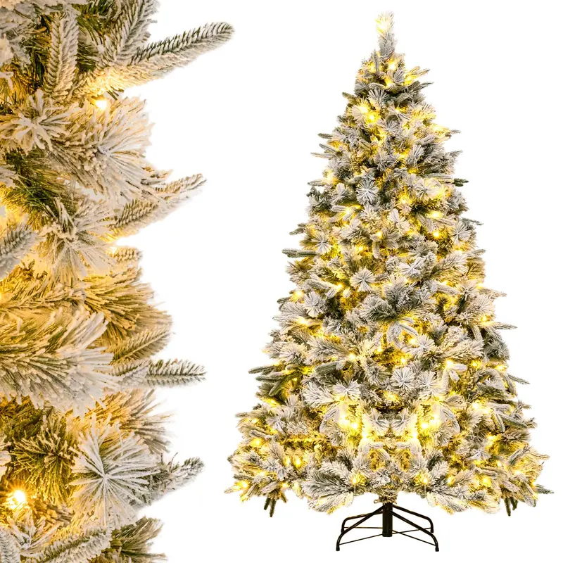 GoPlus 6-Fuß-künstlicher Weihnachtsbaum mit vormontierten Lichtern und Schneebelag, Tannennadeln, für Feierlichkeiten, Büro und Wohnraum-Dekoration