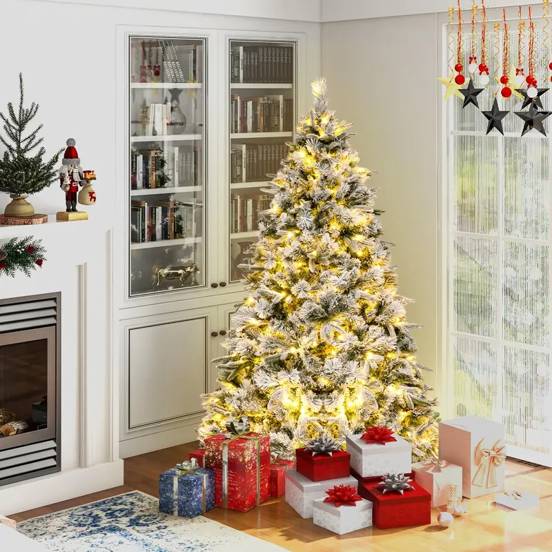 GoPlus 6-Fuß-künstlicher Weihnachtsbaum mit vormontierten Lichtern und Schneebelag, Tannennadeln, für Feierlichkeiten, Büro und Wohnraum-Dekoration