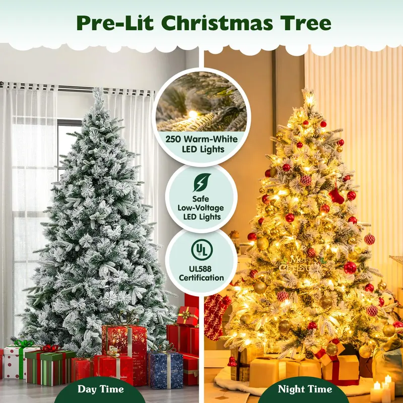 GoPlus 6-Fuß-künstlicher Weihnachtsbaum mit vormontierten Lichtern und Schneebelag, Tannennadeln, für Feierlichkeiten, Büro und Wohnraum-Dekoration