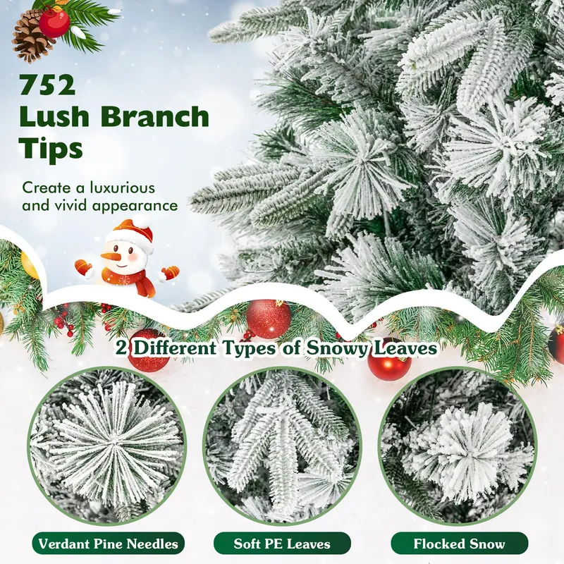 GoPlus 6-Fuß-künstlicher Weihnachtsbaum mit vormontierten Lichtern und Schneebelag, Tannennadeln, für Feierlichkeiten, Büro und Wohnraum-Dekoration