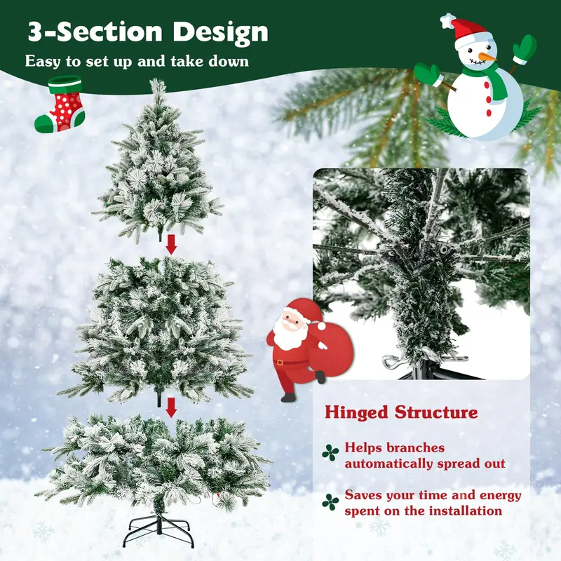 GoPlus 6-Fuß-künstlicher Weihnachtsbaum mit vormontierten Lichtern und Schneebelag, Tannennadeln, für Feierlichkeiten, Büro und Wohnraum-Dekoration