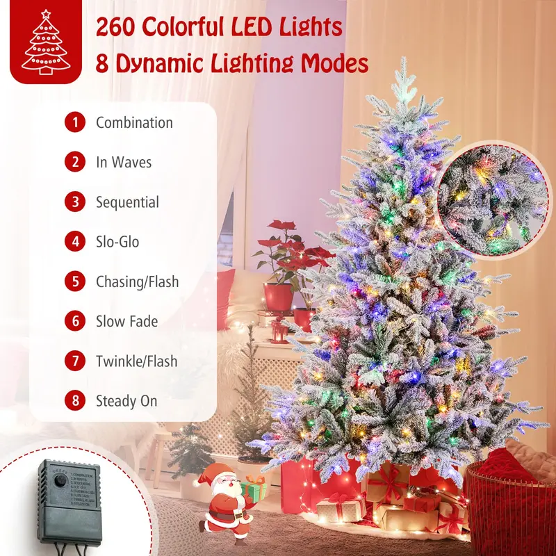 GoPlus 6-Fuß-vorgefertigter, beleuchteter Schnee-beflockter Weihnachtsbaum, künstlicher, klappbarer, vollständiger Weihnachtsbaum mit 260 mehrfarbigen LED-Leuchten