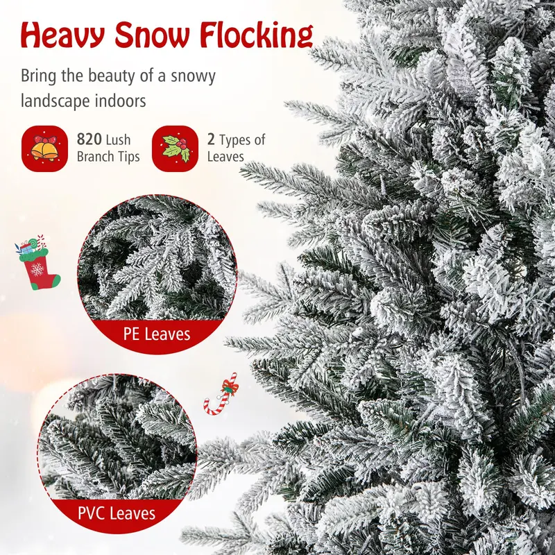 GoPlus 6-Fuß-vorgefertigter, beleuchteter Schnee-beflockter Weihnachtsbaum, künstlicher, klappbarer, vollständiger Weihnachtsbaum mit 260 mehrfarbigen LED-Leuchten
