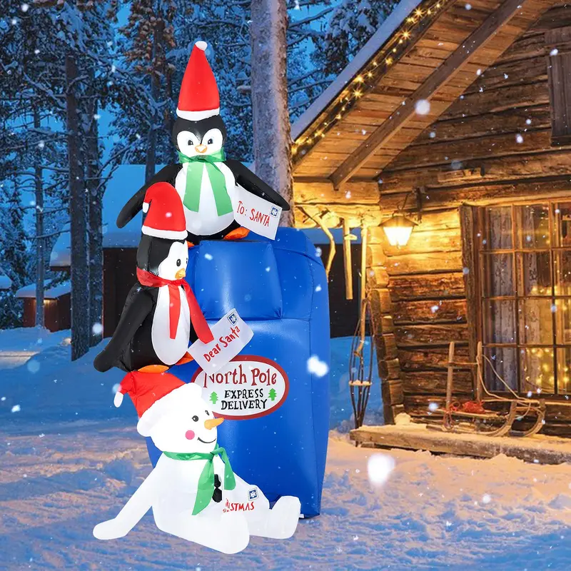GoPlus 6-Fuß-Weihnachtsaufblasdekoration, aufblasbare, vorgeleuchtete Briefkasten-Buchstaben für den Weihnachtsmann mit Pinguinen und Schneemann