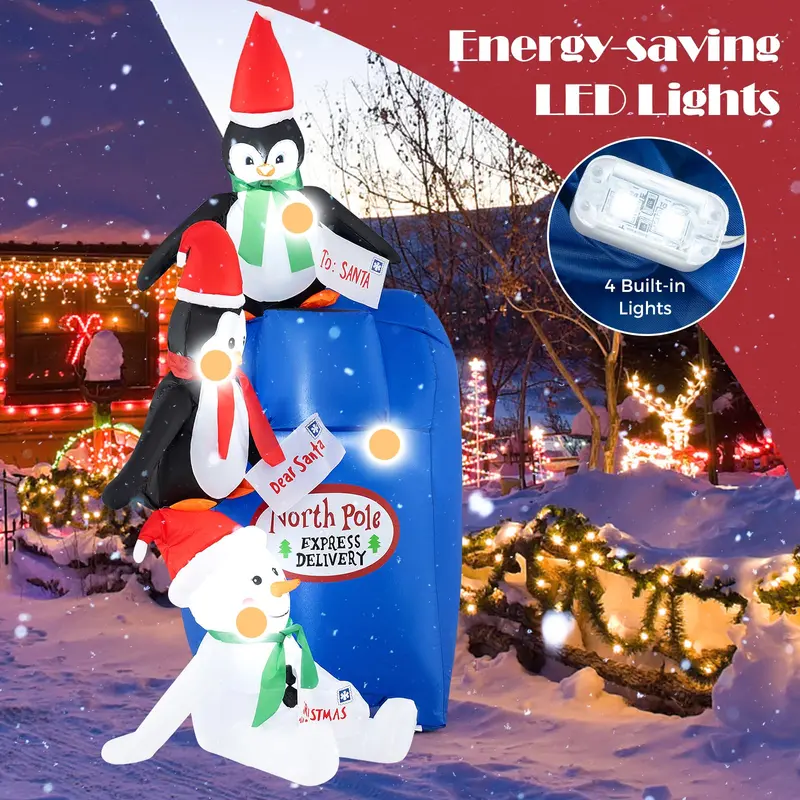 GoPlus 6-Fuß-Weihnachtsaufblasdekoration, aufblasbare, vorgeleuchtete Briefkasten-Buchstaben für den Weihnachtsmann mit Pinguinen und Schneemann 2