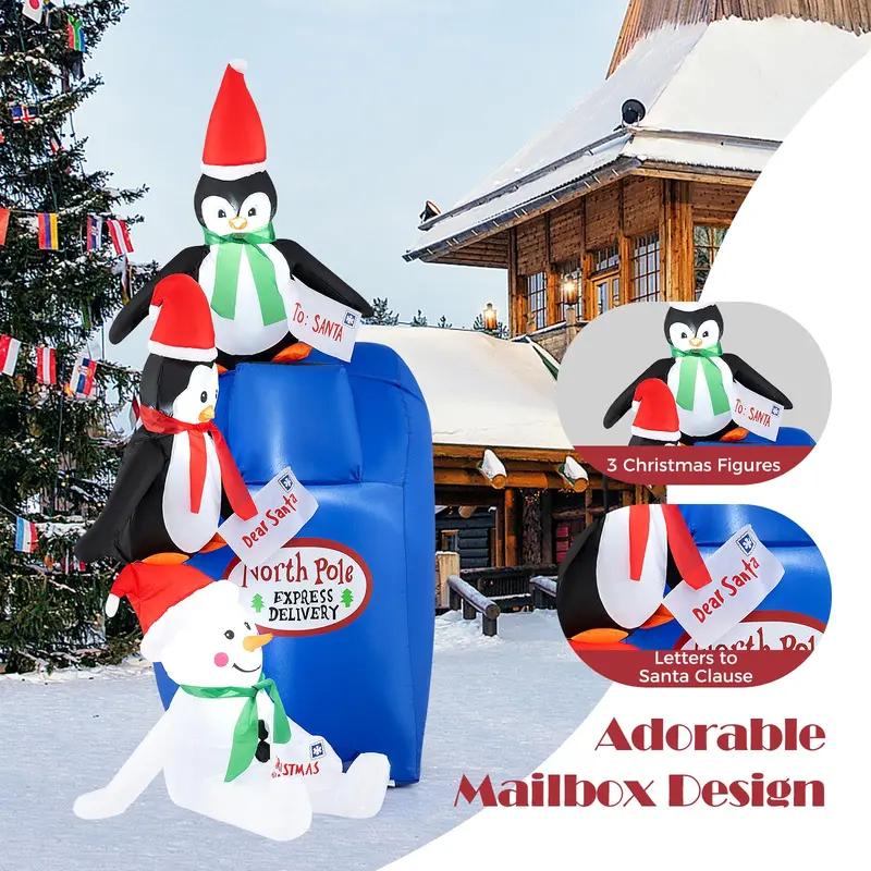 GoPlus 6-Fuß-Weihnachtsaufblasdekoration, aufblasbare, vorgeleuchtete Briefkasten-Buchstaben für den Weihnachtsmann mit Pinguinen und Schneemann