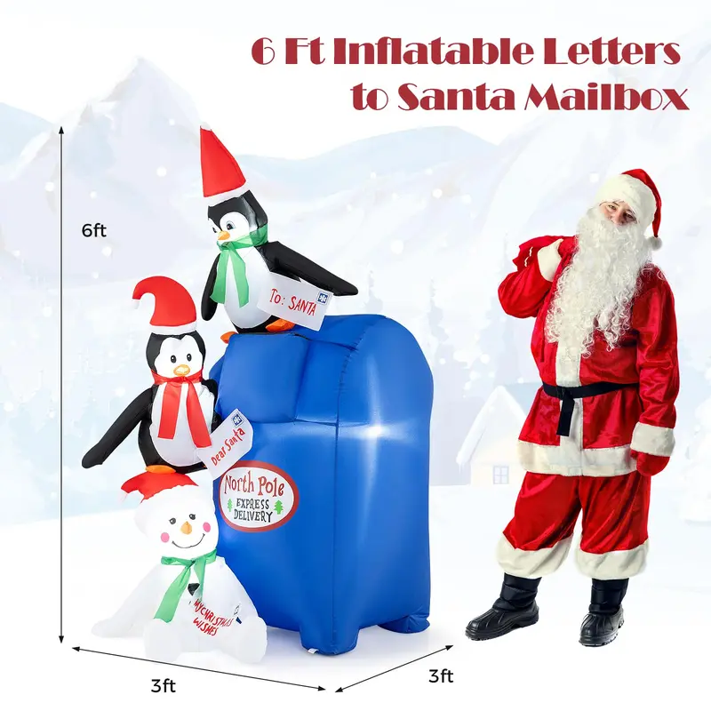 GoPlus 6-Fuß-Weihnachtsaufblasdekoration, aufblasbare, vorgeleuchtete Briefkasten-Buchstaben für den Weihnachtsmann mit Pinguinen und Schneemann