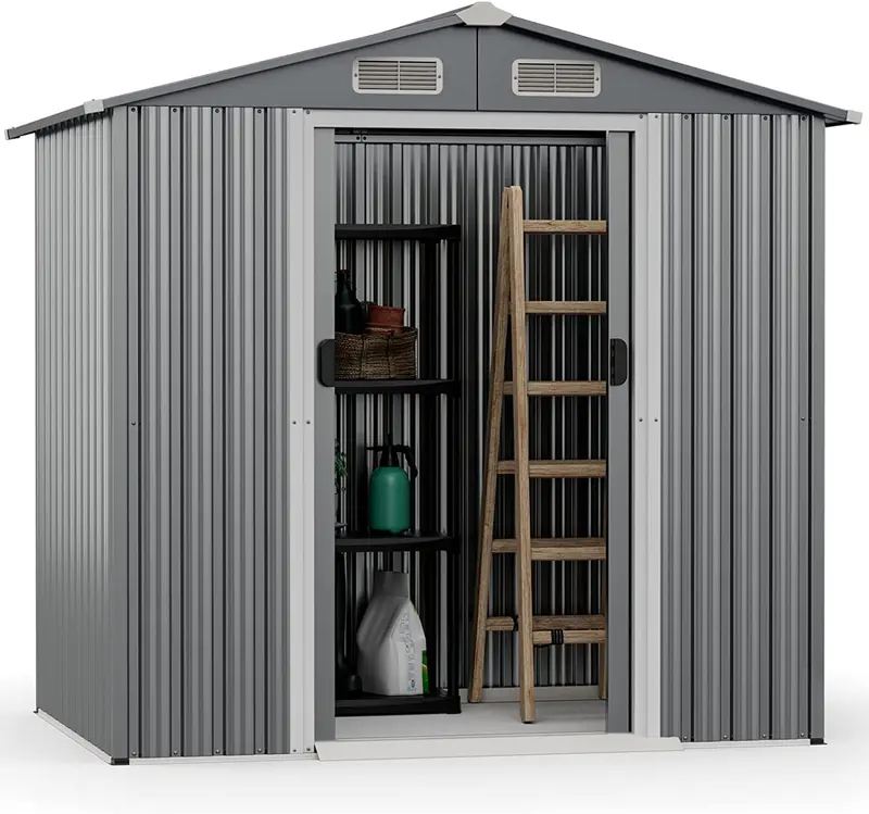 Goplus 6' x 4' Gartenablagehäuschen für den Außenbereich, wetterfeste Werkzeughütte aus verzinktem Metall