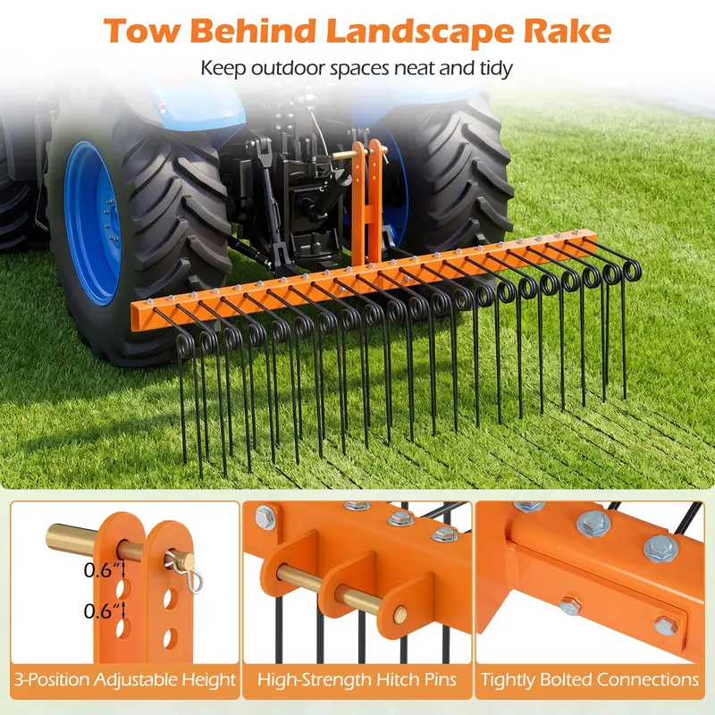 Goplus 60"-Pinienstroh-Rechen zum Anhängen – Landschaftsrechen mit 26 metallischen Spiralen für Blätter, Gras usw.