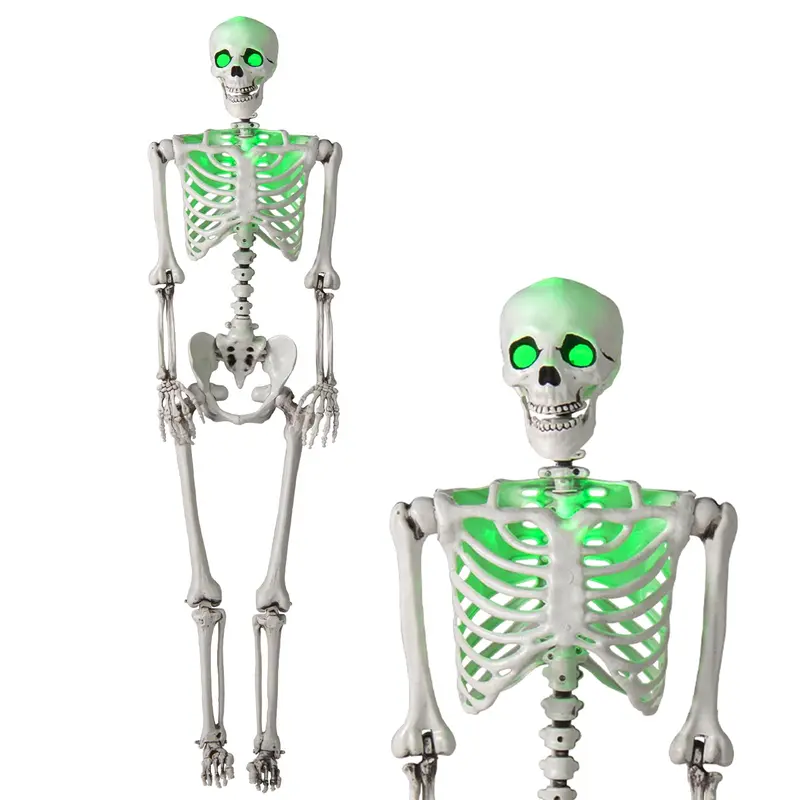 Goplus 63" lebensgroßer, beweglicher Skelettdesktop mit grünen LED-Leuchten – Halloween-Skelettdécor mit Beleuchtung