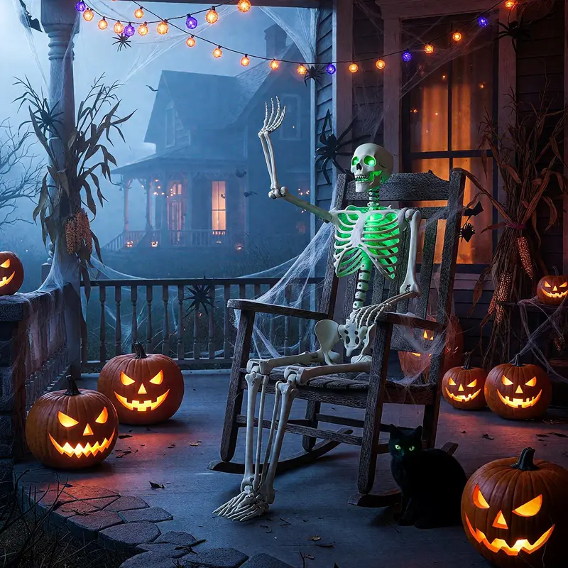 Goplus 63" lebensgroßer, beweglicher Skelettdesktop mit grünen LED-Leuchten – Halloween-Skelettdécor mit Beleuchtung 2