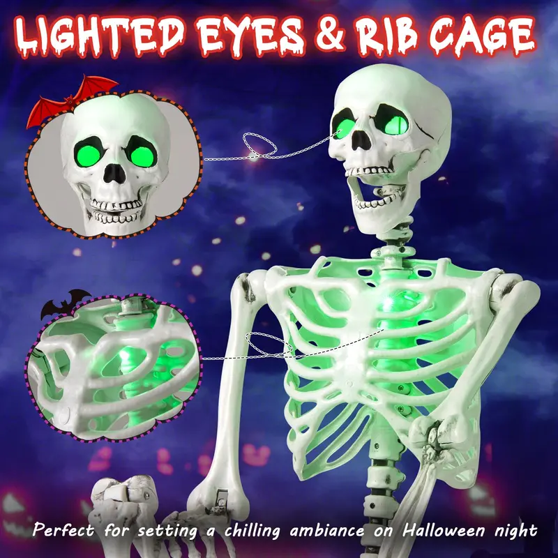 Goplus 63" lebensgroßer, beweglicher Skelettdesktop mit grünen LED-Leuchten – Halloween-Skelettdécor mit Beleuchtung