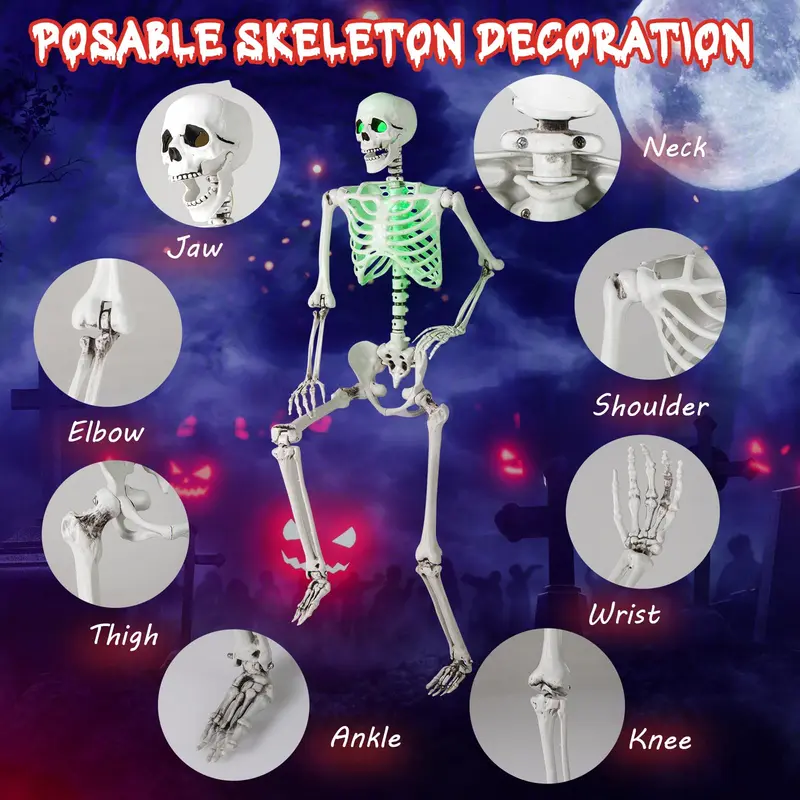 Goplus 63" lebensgroßer, beweglicher Skelettdesktop mit grünen LED-Leuchten – Halloween-Skelettdécor mit Beleuchtung