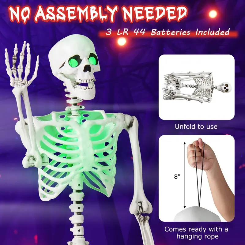 Goplus 63" lebensgroßer, beweglicher Skelettdesktop mit grünen LED-Leuchten – Halloween-Skelettdécor mit Beleuchtung