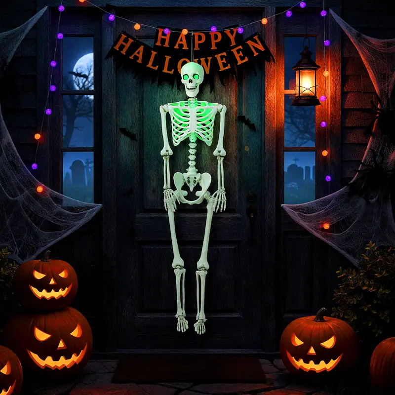 Goplus 63" lebensgroßer, beweglicher Skelettdesktop mit grünen LED-Leuchten – Halloween-Skelettdécor mit Beleuchtung