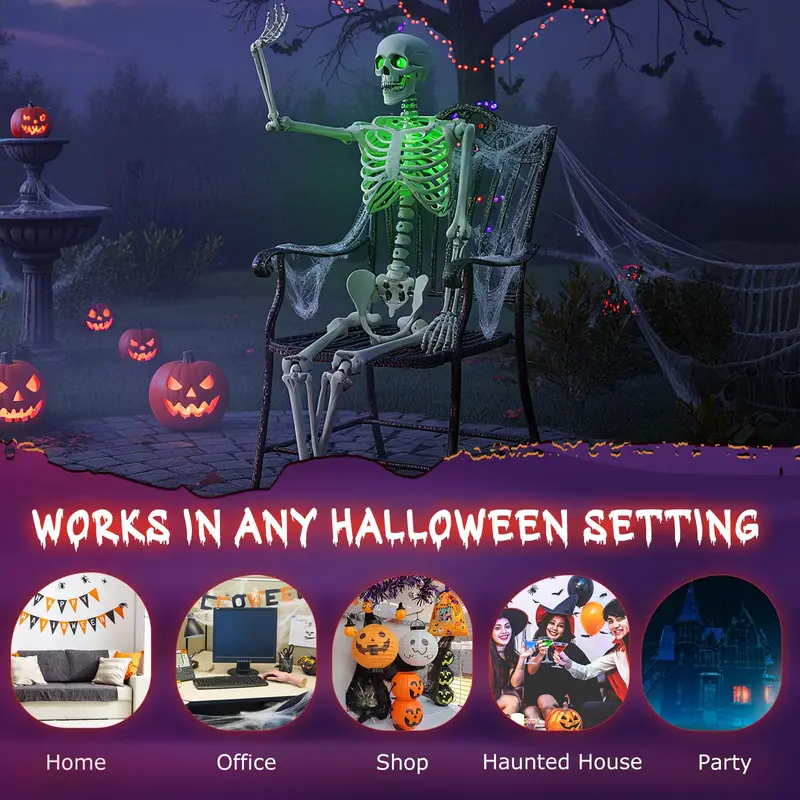 Goplus 63" lebensgroßer, beweglicher Skelettdesktop mit grünen LED-Leuchten – Halloween-Skelettdécor mit Beleuchtung