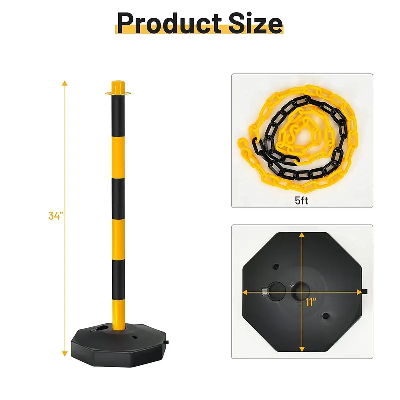 GoPlus 6er-Pack Markierungspfosten mit Kegel, Verkehrskonus-Sicherheitsbarriere mit achteckiger befüllbarer Basis und 1,5-m-Ketten (6 Stück, Schwarz + Gelb)