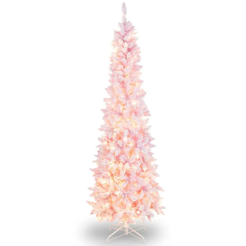 GoPlus 7-Fuß-vorgefertigter, beleuchteter Bleistift-Weihnachtsbaum mit Schnee-Beschichtung, künstlicher schlanker Baum mit 800 Astspitzen