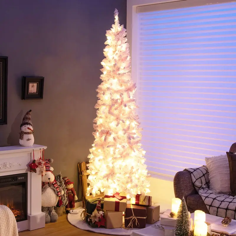 GoPlus 7-Fuß-vorgefertigter, beleuchteter Bleistift-Weihnachtsbaum mit Schnee-Beschichtung, künstlicher schlanker Baum mit 800 Astspitzen 2