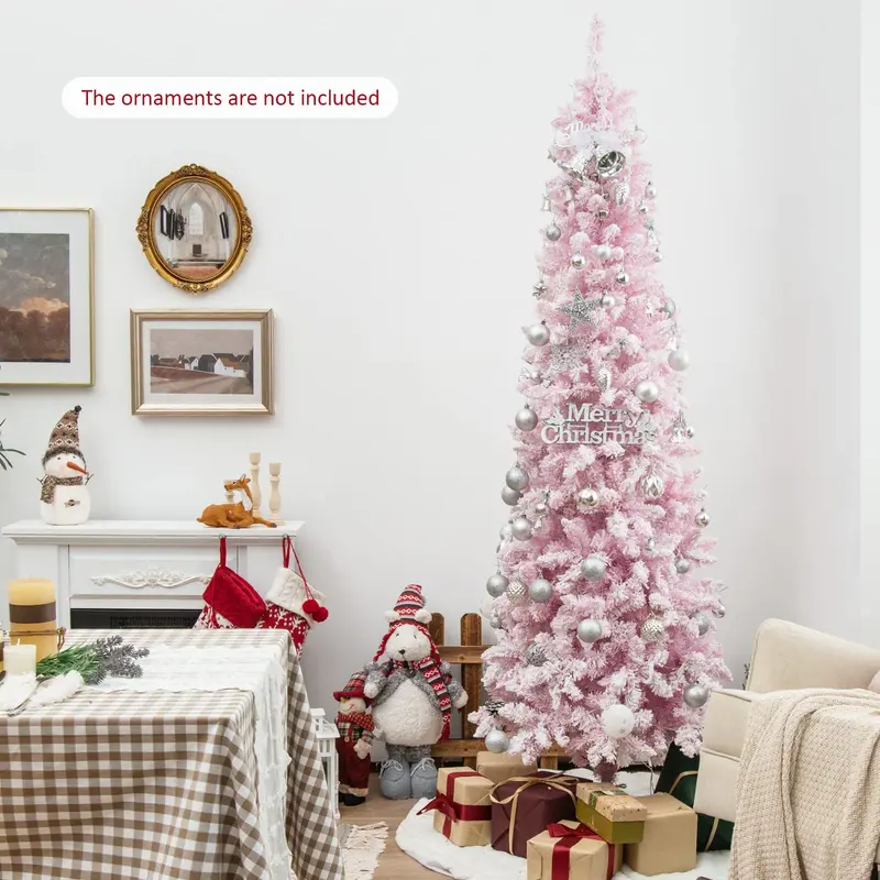 GoPlus 7-Fuß-vorgefertigter, beleuchteter Bleistift-Weihnachtsbaum mit Schnee-Beschichtung, künstlicher schlanker Baum mit 800 Astspitzen
