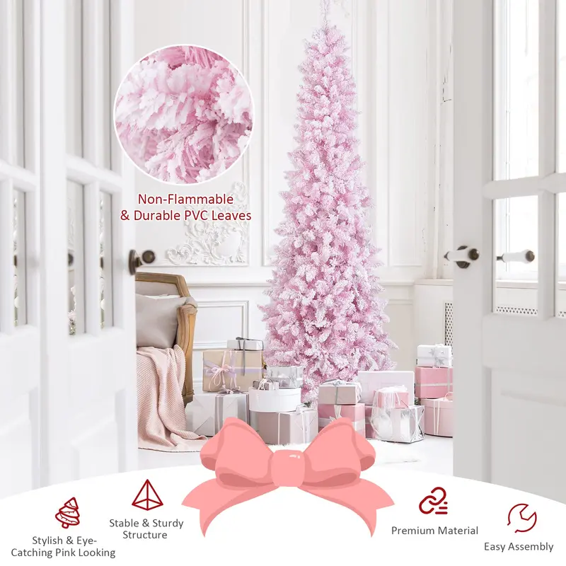 GoPlus 7-Fuß-vorgefertigter, beleuchteter Bleistift-Weihnachtsbaum mit Schnee-Beschichtung, künstlicher schlanker Baum mit 800 Astspitzen