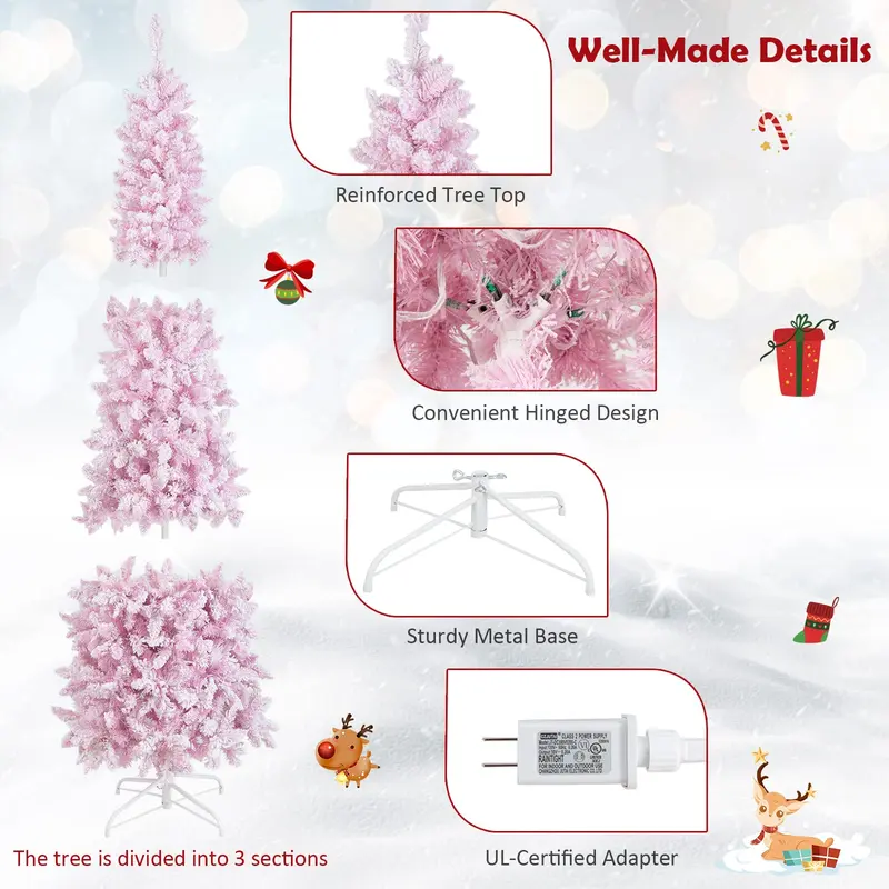 GoPlus 7-Fuß-vorgefertigter, beleuchteter Bleistift-Weihnachtsbaum mit Schnee-Beschichtung, künstlicher schlanker Baum mit 800 Astspitzen