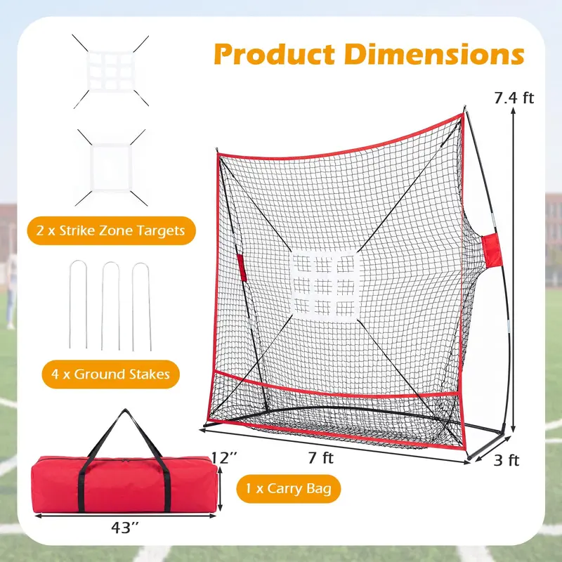 Goplus 7 × 7,4 Fuß (ca. 213 × 226 cm) Extra großes Baseball- und Softball-Trainingsnetz mit Ballauffangsystem