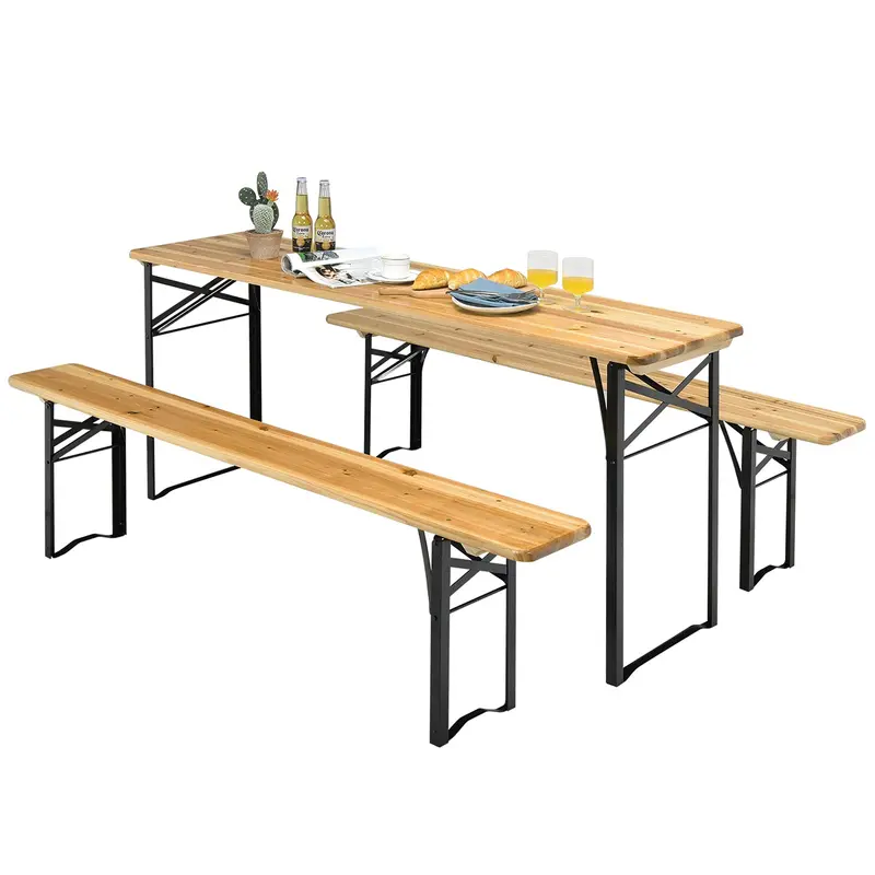 Goplus 70"-3-teiliges tragbares Klapp-Picknicktisch-Bank-Set, tragbarer Picknick-Biertisch mit Holzplatte