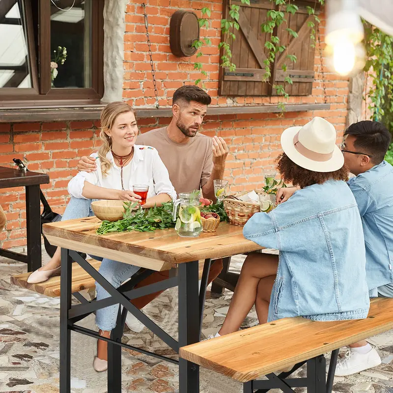 Goplus 70"-3-teiliges tragbares Klapp-Picknicktisch-Bank-Set, tragbarer Picknick-Biertisch mit Holzplatte 2
