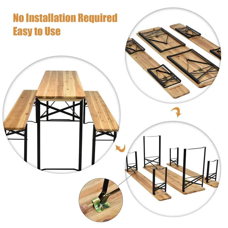 Goplus 70"-3-teiliges tragbares Klapp-Picknicktisch-Bank-Set, tragbarer Picknick-Biertisch mit Holzplatte