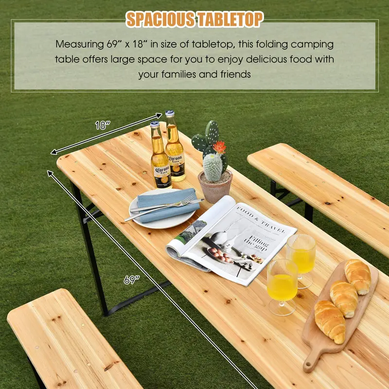 Goplus 70"-3-teiliges tragbares Klapp-Picknicktisch-Bank-Set, tragbarer Picknick-Biertisch mit Holzplatte