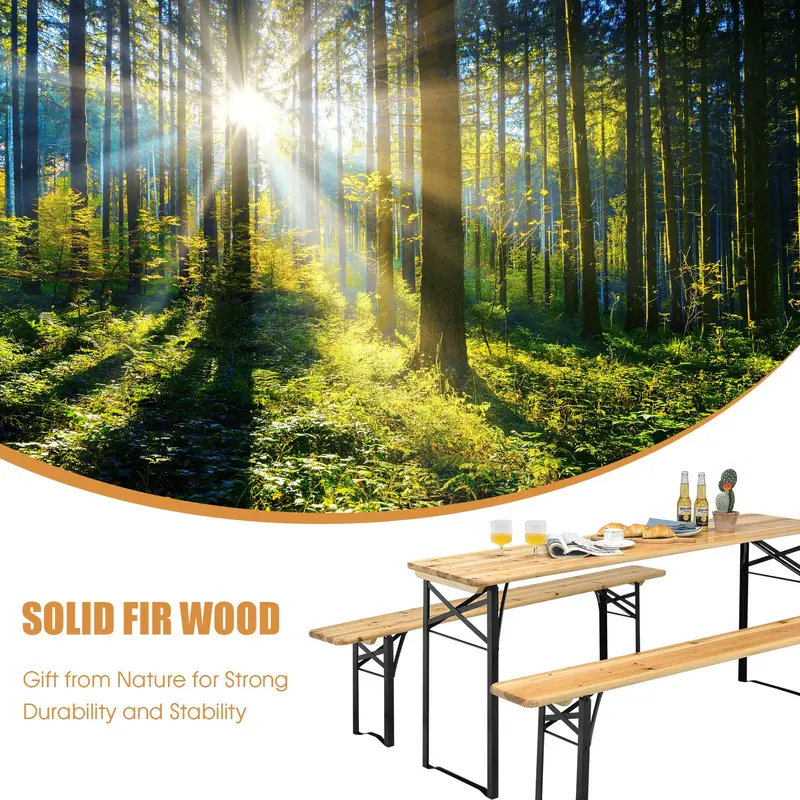 Goplus 70"-3-teiliges tragbares Klapp-Picknicktisch-Bank-Set, tragbarer Picknick-Biertisch mit Holzplatte