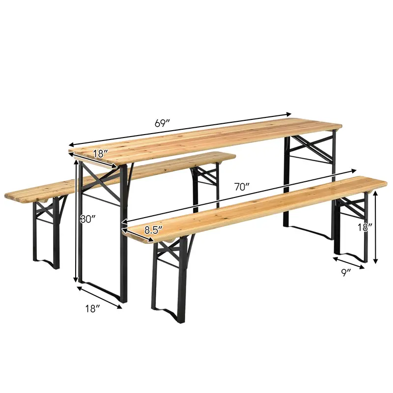 Goplus 70"-3-teiliges tragbares Klapp-Picknicktisch-Bank-Set, tragbarer Picknick-Biertisch mit Holzplatte