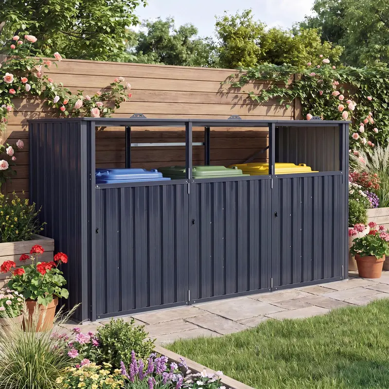 Goplus 7,8 x 2,6 Fuß (ca. 238 x 79,5 cm) Aufbewahrungsschrank für Außenmülltonnen – 3-Fach-Metall-Müllschrank mit Klappdeckeln